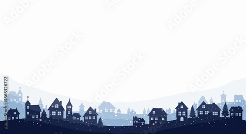 A serene winter village under a vast white sky evokes a feeling of calm peacefulness and tranquil winter days