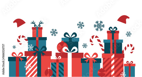 Festive holiday gift boxes stacked high with candy canes snowflakes and santa hats making a merry christmas scene