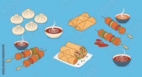 A vibrant illustration showcasing delicious asian appetizers and sauces perfect for any gathering
