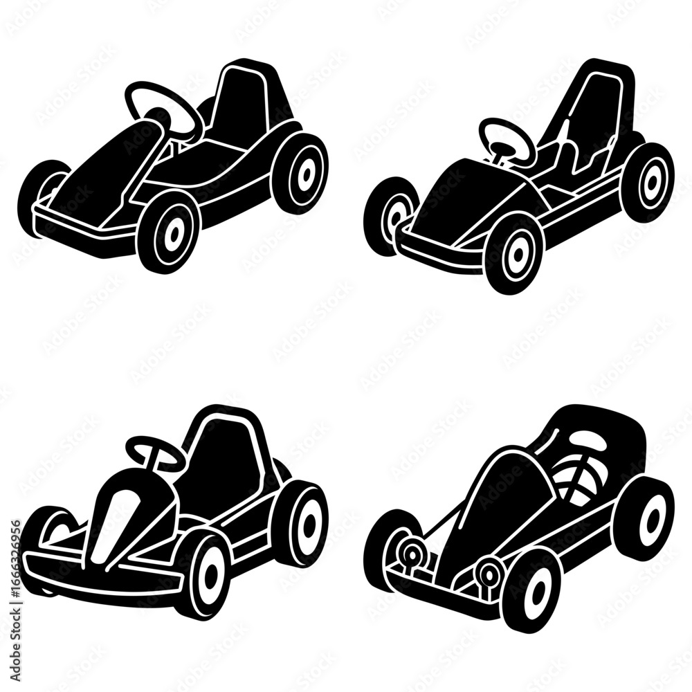 Obraz premium Four go karts in black and white with different designs showcasing racing vehicles and steering wheels
