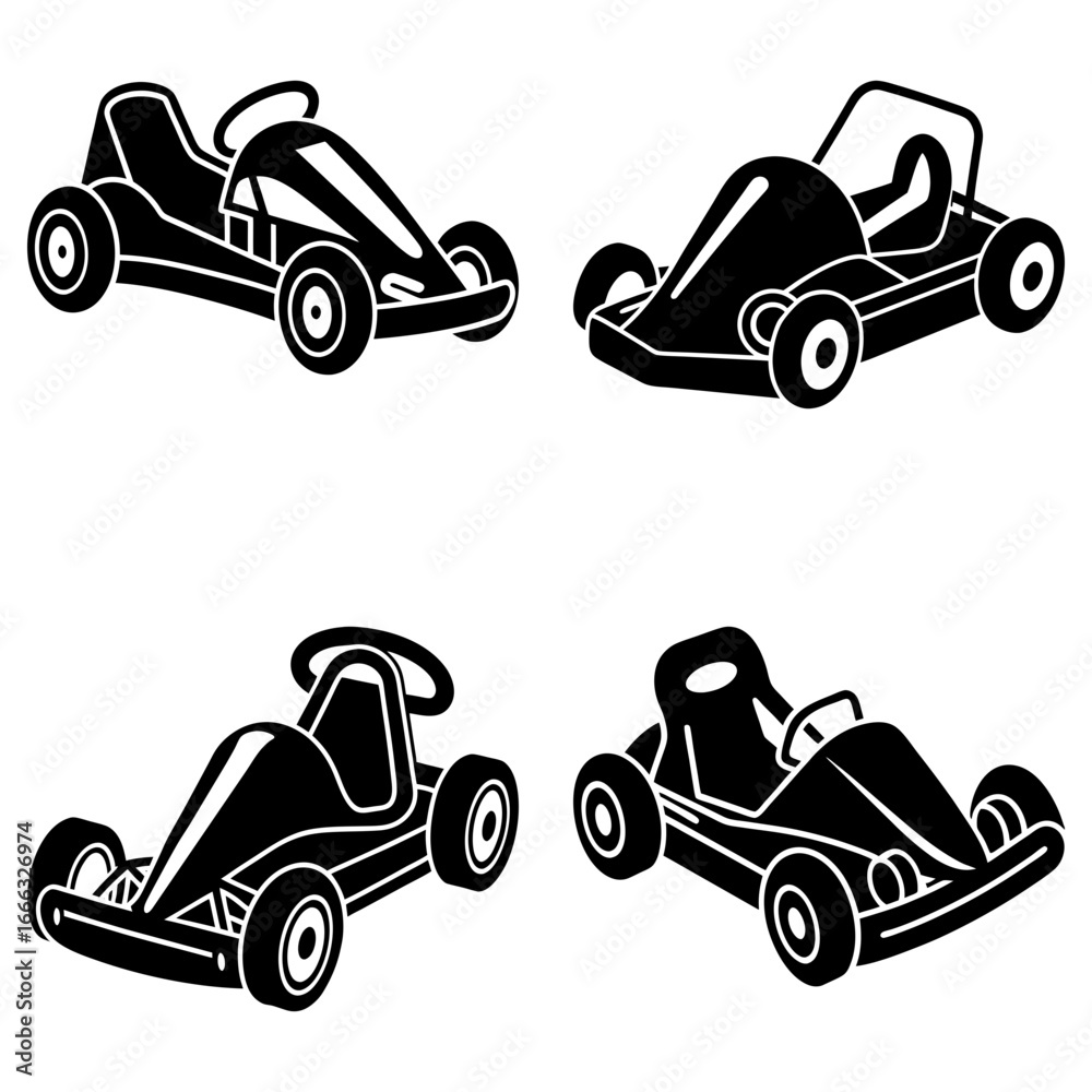 Obraz premium Four go karts in black and white showing different designs and perspectives of the racing vehicles