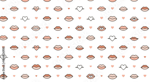 Charming seamless pattern of stylized lips and hearts for a romantic aesthetic design