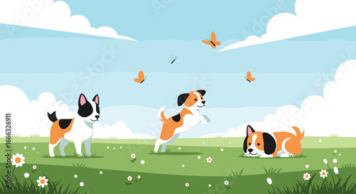 Adorable puppies enjoy a beautiful sunny day playing among flowers and butterflies in a lush green field