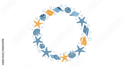 A charming circular arrangement of nautical shells and starfish adorned with tiny bubbles on a white background