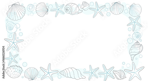 Elegant hand drawn rectangular border featuring assorted seashells and starfish designs on a white background
