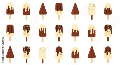 Collection of various sweet frozen desserts on sticks in chocolate and vanilla flavors
