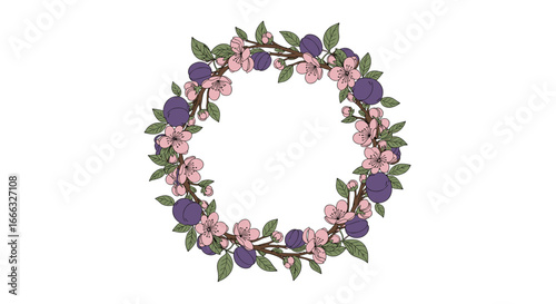 A delicate floral wreath featuring purple berries and pink blossoms adorning a circular frame with green leaves for spring celebration