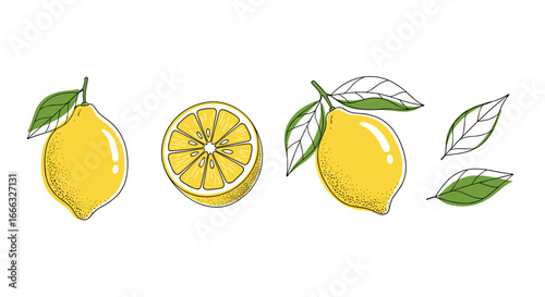 Vibrant yellow lemons with green leaves and a cross section displaying juicy pulp perfect for refreshing beverages and culinary delights