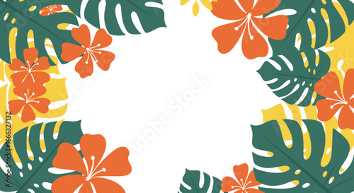 Vibrant tropical floral design with green monstera leaves and orange hibiscus flowers