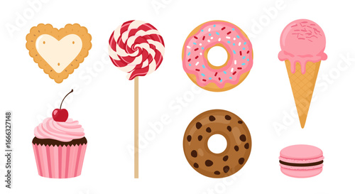 A delightful collection of sweet treats featuring a heart-shaped cookie a swirling lollipop two colorful donuts a pink cupcake a scoop of ice cream a chocolate chip cookie and a pink macaron