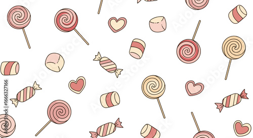 Sweet treats background pattern featuring lollipops marshmallows hearts and wrapped candies