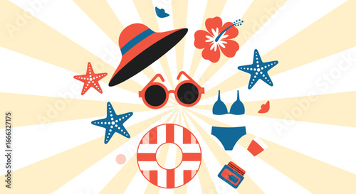 A vibrant collection of summer vacation essentials arranged on a sunny yellow striped background creating a festive holiday atmosphere