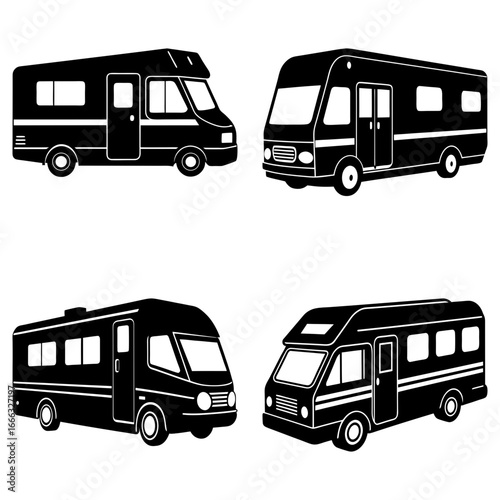 Four black and white vector illustrations of different recreational vehicles on a white background