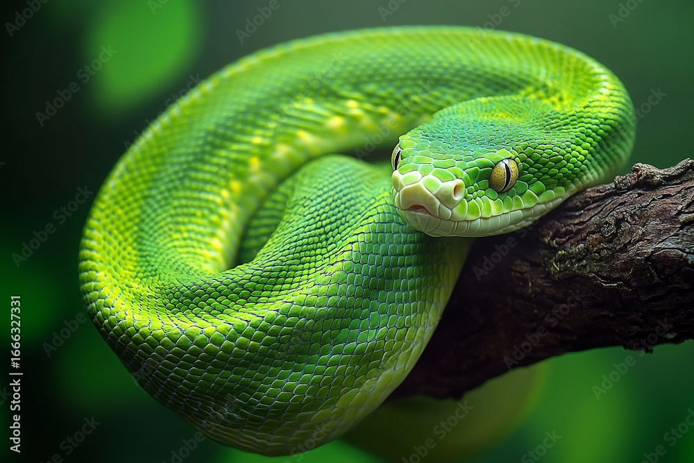 Obraz premium Captivating Emerald Green Tree Python Coiled on Branch, Piercing Orange Eyes.