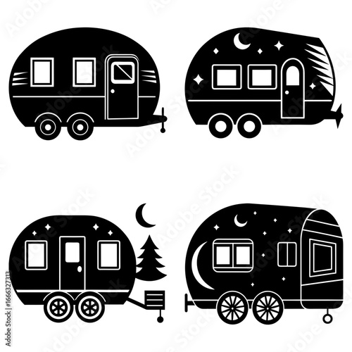 Four black and white vintage campers with stars and moons in a graphic design collage setting