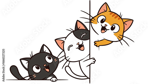Adorable cat lineup, mixed colors, peeking curiously, isolated on transparent background.