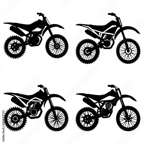 Four silhouette depictions of dirt bikes with knobby tires and visible suspension systems in black