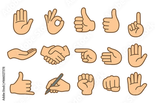 Vector hand gestures collection. Cartoon hands showing thumbs up, ok sign, pointing, handshake, and fist. Communication and business concept icons for web and mobile apps.