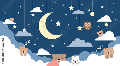 Adorable sleepy teddy bears and an owl rest peacefully under a starry crescent moon and fluffy clouds creating a serene nighttime lullaby scene