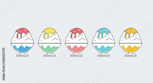 A vibrant array of deliciously sweet and refreshing shaved ice desserts in five distinct colors