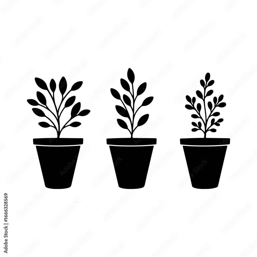 Fototapeta premium Black Three Flower pot silhouette icon vector flat illustration on white background.