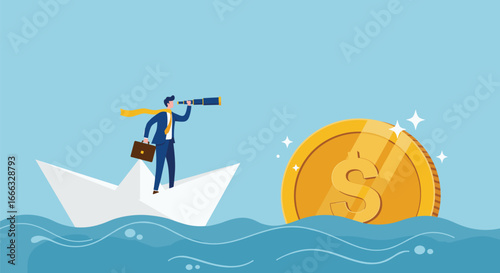 Financial journey, money search, business vision, paper boat, dollar goal, investment path, economic foresight, opportunity hunt, success navigation, reward