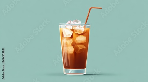 Wallpaper Mural Refreshing glass of iced coffee with straw, filled with ice cubes, sits against minimalist green background, evoking sense of coolness and relaxation Torontodigital.ca