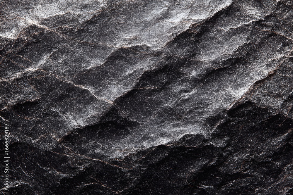 Fototapeta premium Detailed view of a dark, textured rock surface, showcasing its rugged and weathered appearance