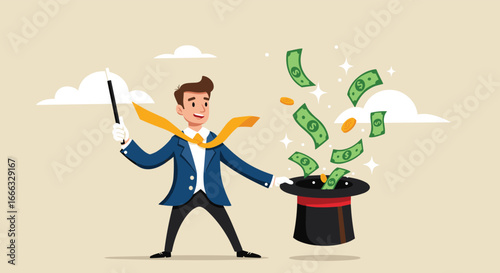 Magic money, wealth creation, financial trick, dollar bills, gold coins, investment magic, business wizard, effortless income, money spell, success