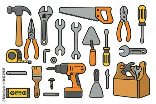 Construction tools and repair equipment icon set. Vector cartoon icons for DIY, carpentry, and handyman projects. Includes hammer, saw, drill, wrench, and toolbox.