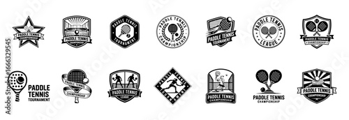 set of paddle tennis logos black and white emblems, racket sports