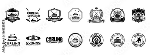 set of curling logos black and white emblems, winter sports