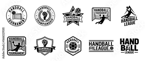 set of handball logos, vintage black and white emblems, sports league and championship 