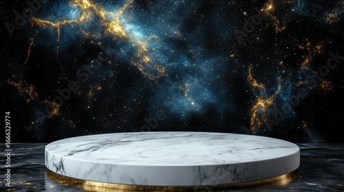 Marble stage platform with golden rim on galaxy space background for luxury product mockups