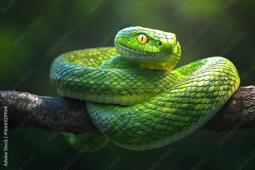 Fototapeta premium Emerald Viper Coiled on Branch, Forest Ambiance.