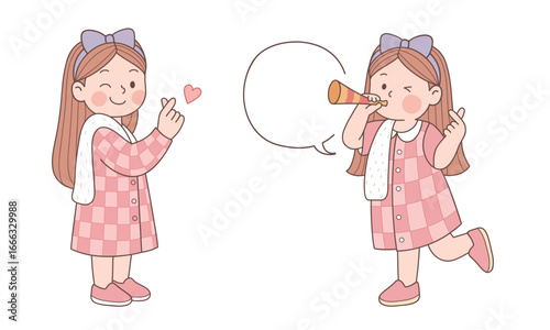 Two cute girls in pink dresses making heart signs and speaking.