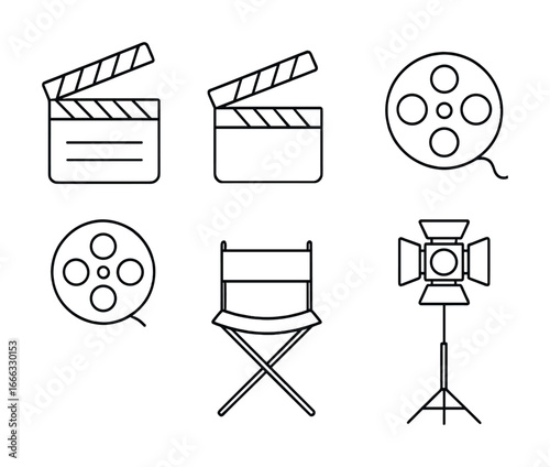 Film equipment icons set featuring clapperboards, reels, director chair, and studio light