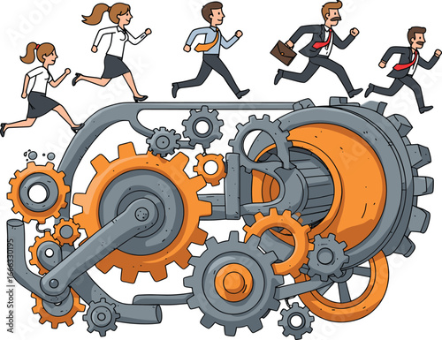 Cartoon business people running on a complex industrial machine with interlocking orange and grey gears symbolizing the corporate rat race.