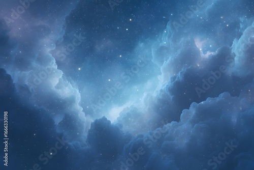 A mesmerizing view of the night sky adorned with twinkling stars and fluffy clouds 