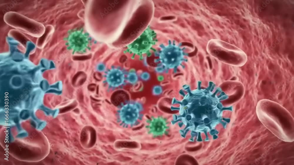 Microscopic view of viruses interacting with red blood cells in a human ...