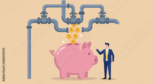 Passive income, financial flow, investment system, piggy bank, cash pipeline, business savings, dollar coins, income stream, money management, planning
