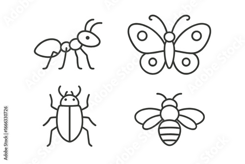 Set of insect line icons. Simple outline collection with ant, butterfly, beetle, bee. Minimalist vector graphic for nature, entomology, or educational concepts. Bug illustrations.