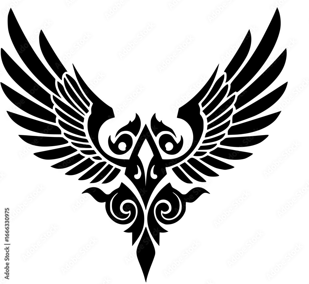 Obraz premium An artistic illustration of two symmetrical winged emblem featuring unique geometric forms and sleek design elements. 