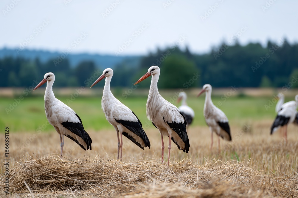 Obraz premium storks on hay mound, dry pasture surrounded by distant forest