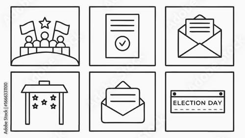 Six simple line art icons related to elections Keywords: election, voting, ballot, paper