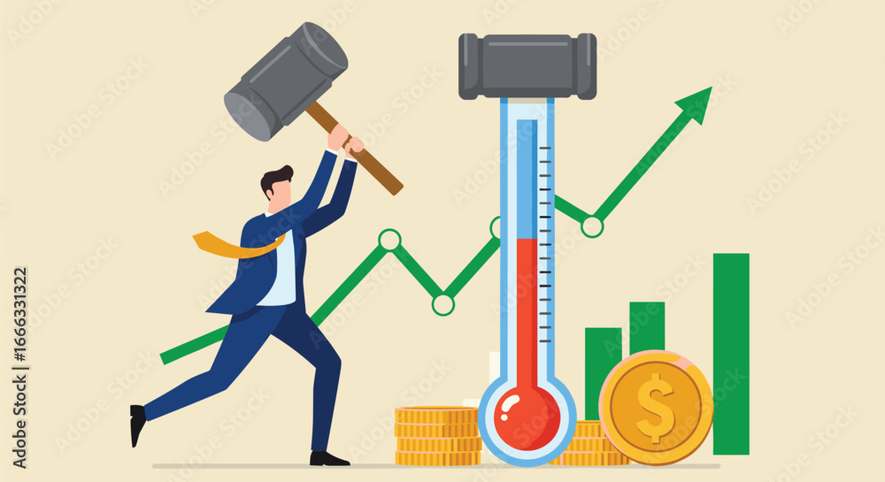 Economic growth, financial pressure, inflation, market heat, business regulation, rising graph, dollar coins, investment surge, fiscal control, metrics Economic growth, financial pressure, inflation, market heat, business regulation, rising graph, dollar coins, investment surge, fiscal control, metrics