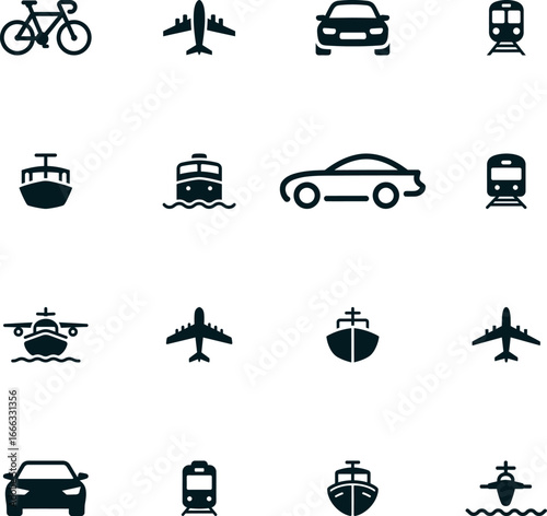 Collection of modern transportation icons representing various modes of travel