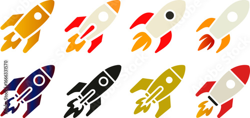 Collection of colorful rockets blasting off with fiery trails