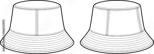 Blank bucket hat fashion flat sketch, front and back technical drawing template, casual headwear accessory vector illustration for clothing design, apparel collection, fashion accessories