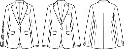 Blazer jacket technical flat sketch vector template, tailored formal long sleeve coat design with pockets, front and back view, professional fashion illustration